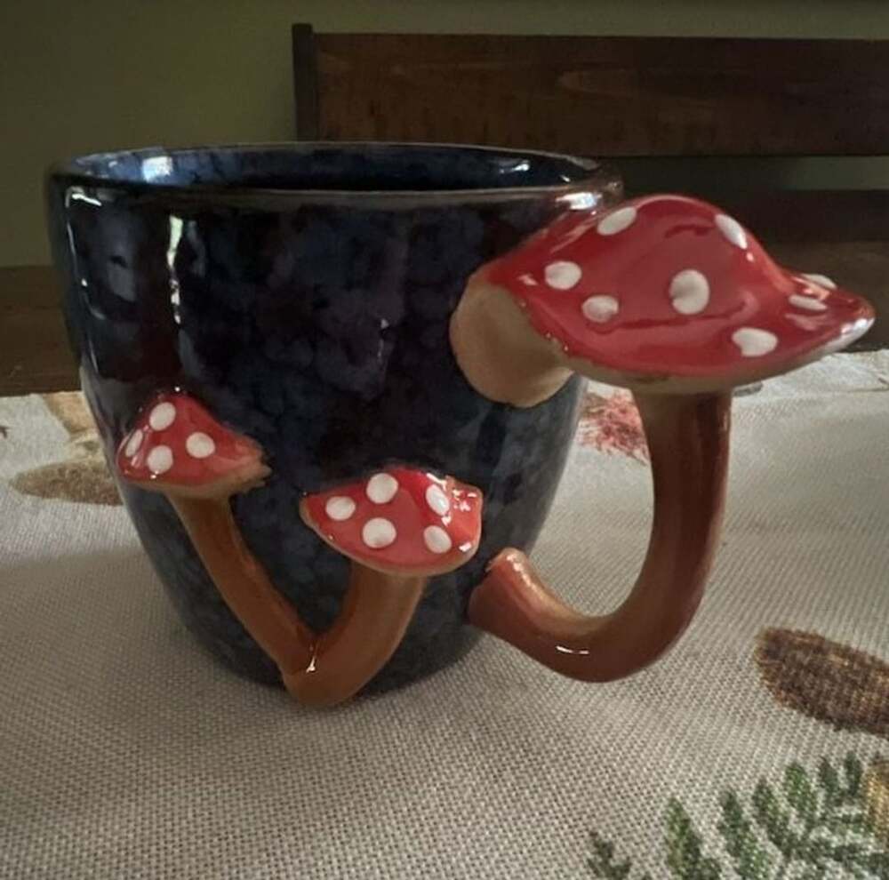 Blue Sky Clayworks Mushroom Mug Blue Red Polka Dot